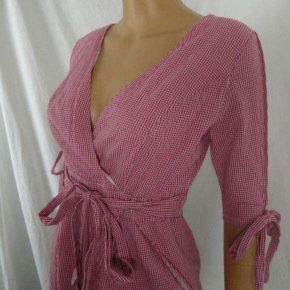 SEEK The Label Red White Checkered V Neck Crossover 1/2 Sleeve Romper Gingham Md - Picture 2 of 10